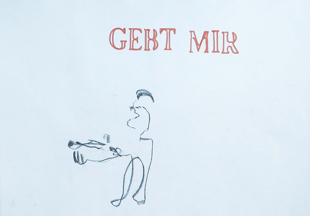 008_Formelhaftes_Zeichnen Kohlezeichnung. Eine Figur im Profil hält beide Arme und Hände nach links ausgestreckt.