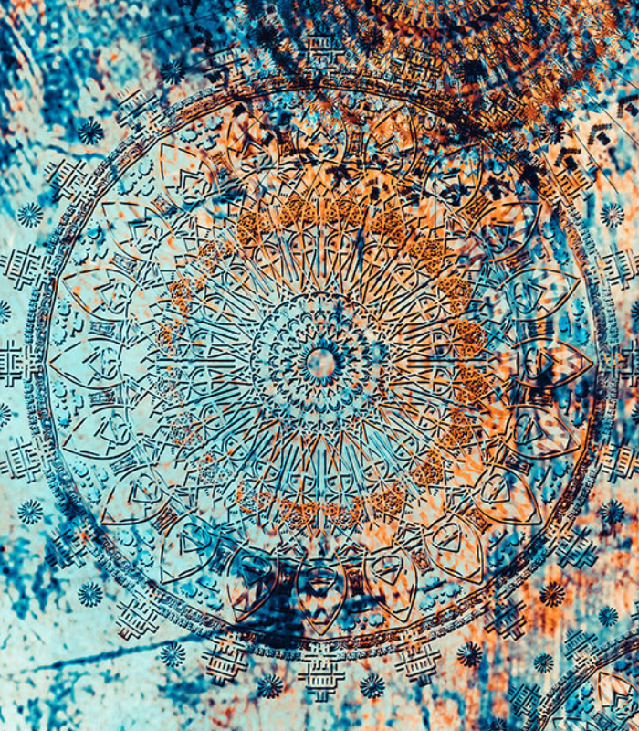image Strukturiertes Mandala in Blauen und Kupfer.