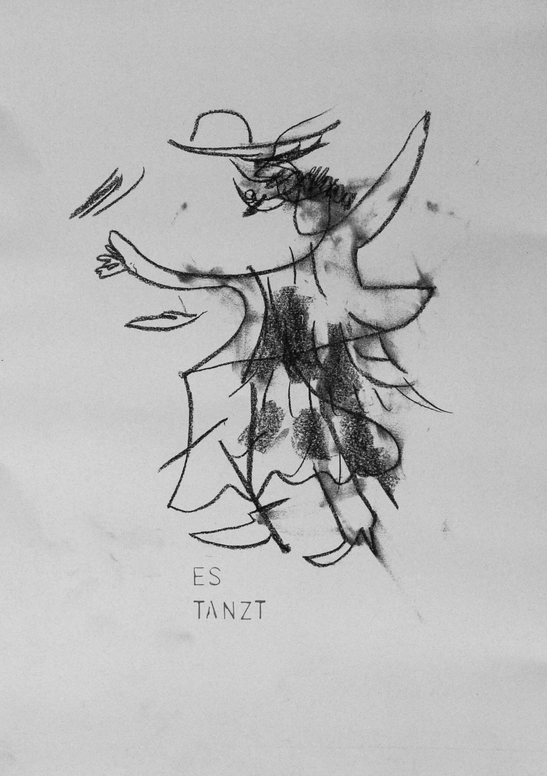Gefürhtes Zeichenen 2024 Klar geführte Linien zeigen eine abstrackte Figur die tanzt. Unten links steht ein Text: meine hass schale. Eine Zeichnung mit schwarzer Zeichenkohle auf weißem Paper. Unten rechts steht ein Text: ES TANZT. Die Zeichnung ist mit geschlossenen Augen entstanden.