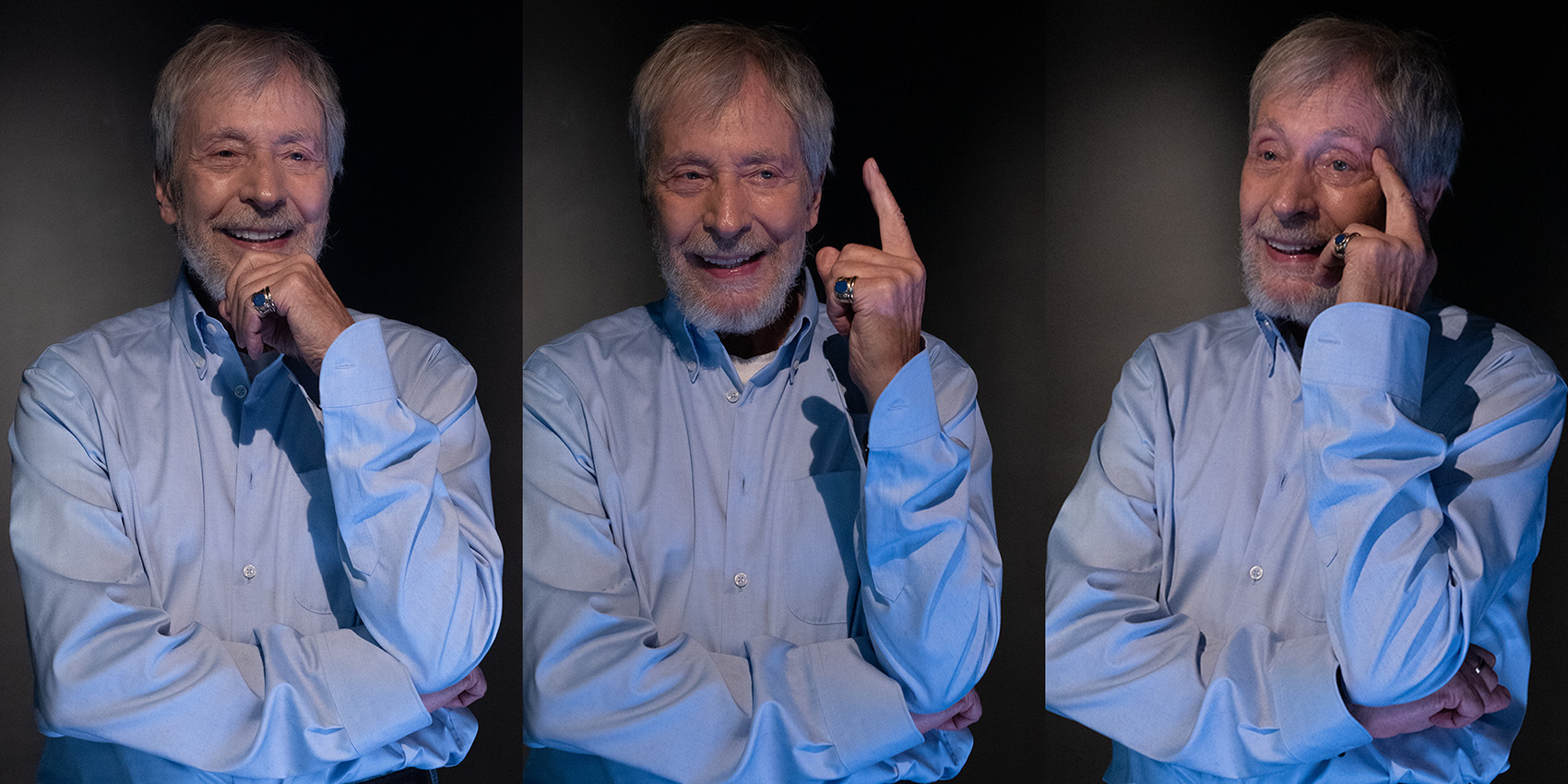 Porträtserie Wolfgang Keuter Wolfgang Keuter im hellblauen Hemd. Er sieht interessiert mit Mimik einem Teilnehmer beim Üben zu. Er ist als dreifaches Porträt abgebildet.