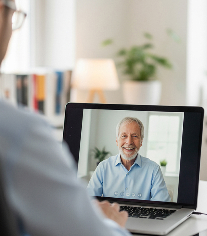 Teilnehmer am Laptop in einer Online Slow Acting Einzelstunde mit Wolfgang Keuter.